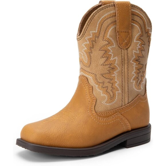 Boys Girls Cowboy Boots Toddler Kids Western Square Toe Mid Calf Brown Boots - Picture 1 of 6